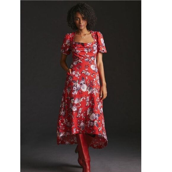 Anthropologie Maeve red floral puff sleeve maxi dress size 4 NWT - Picture 2 of 15